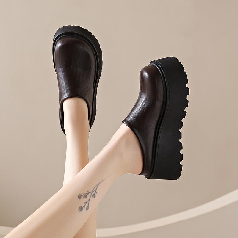 CRLAYDK Women's Platform Heel Mules Casual Shoes Closed Toe Backless Slip On Leather Walking Increase Height Wedge Slippers