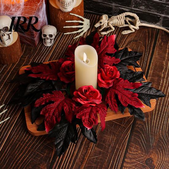 Seasonal Holiday Ornaments Halloween Floral Candle Ring, Artificial Maple Rose Wreath for Spooky Home Decorations Holder, Table Centerpiece