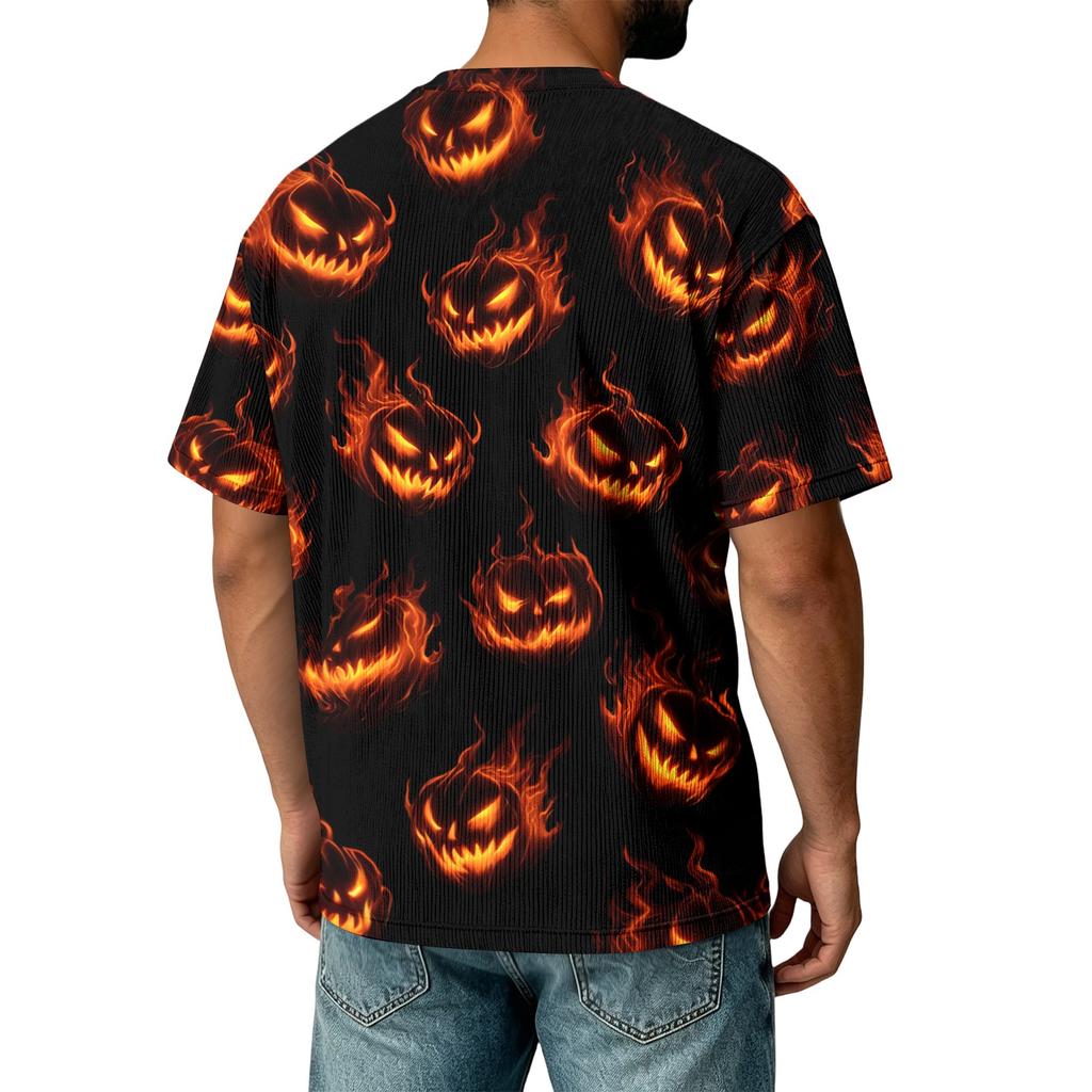 Men's Casual Corduroy Short Sleeve T-Shirt Lightweight Breathable Round Neck Halloween Pumpkin Print Top Comfortable Fit