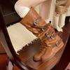 Fashion Women Stacked Long Knight Boots Retro Belt Buckle Pleated Female Shoes Brown Round Toe Leather Women's Thick Heel Knee High Bota
