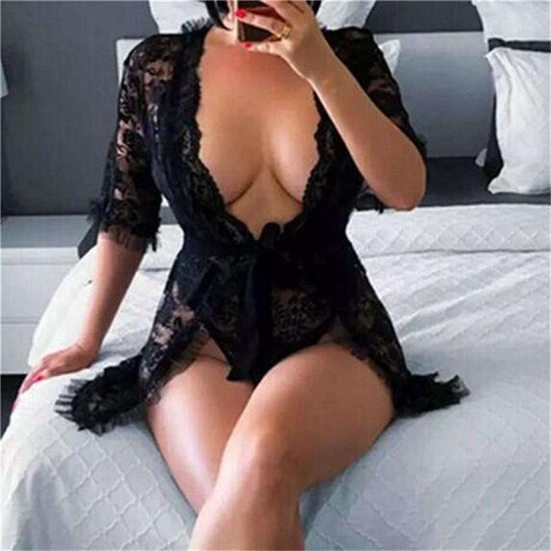 Women Sexy Lingerie Black Lace Dress Robe Sleepwear Ladies Female See Through Floral Nightgown Underwear