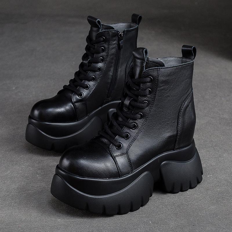 Johnature Pravá kůže Silná podrážka Dámské Kozačky Retro Kulatá špička Boční Zip Klínky Boty na platformě