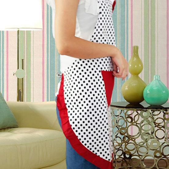 Women Cute BowKnot Dot Aprons Kitchen Restaurant Cafe Bib Cooking With Pocket