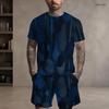 Men Plus Size Dark Blue Printed Round Neck Short Sleeve Top And Shorts Two Piece Set