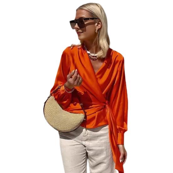 

Женская рубашка с V-образным вырезом, шнуровкой сбоку, фонарь, длинный рукав, пуловер, топы, однотонный рабочий M оранжевый
