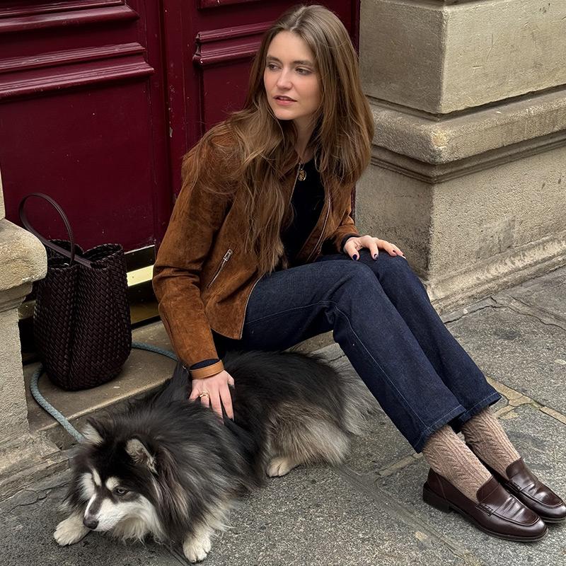 Turndown Collar Zipper Long Sleeve Brown Suede Jacket Windproof Warm Women's Retro Short Jacket Spring and Autumn