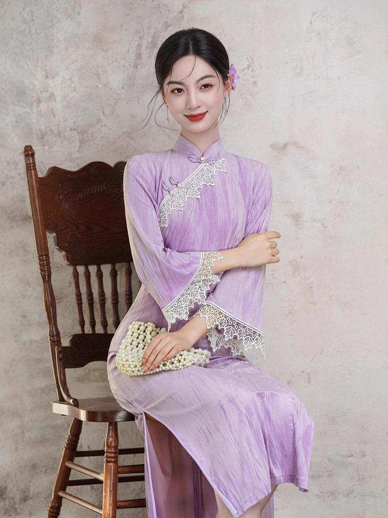 Youthful Purple Cheongsam: New 2025 Autumn/Winter Long Sleeve Chinese Style Dress