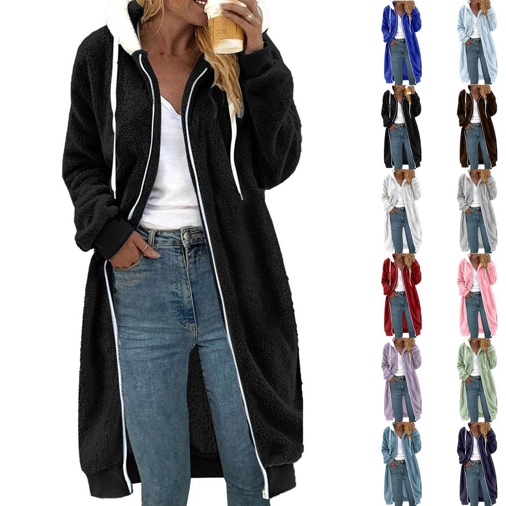 Ladies' Loose Comfortable Casual And Fashionable V-neck Long Sleeved Medium To Long Double-sided Plush Hooded Jacket