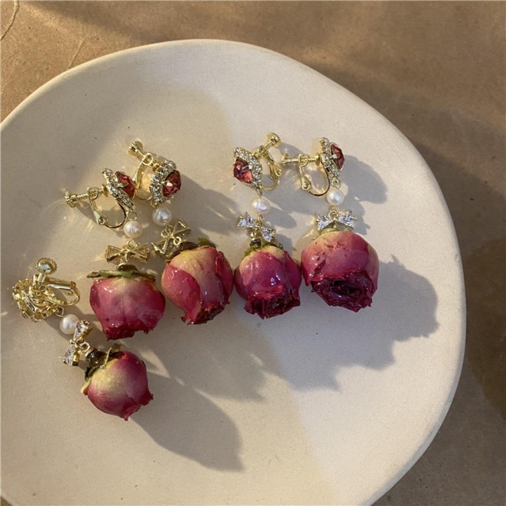 Rose Dried Flower Pendant Earrings Vintage Real Flower Earrings  Bridal Gown Earrings