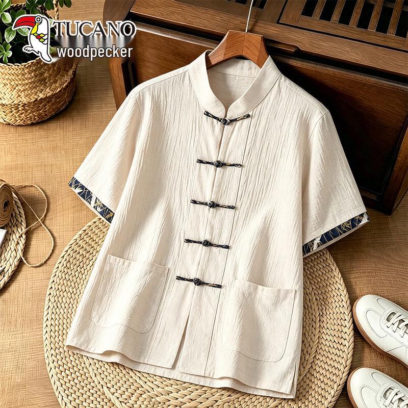 Tucano Men's Chinese Style Short Sleeve Stand Collar Shirt