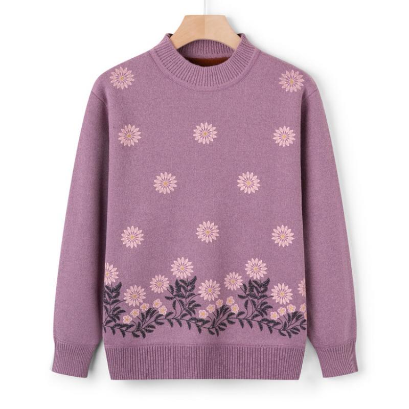 Mom Autumn Warm Sweater Elderly Autumn and Winter Integrated Fleece Knitted Sweater Grandma Fleece Thickened Casual Top