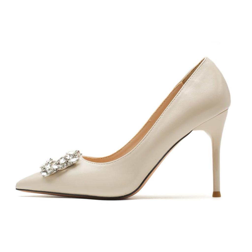 Rhinestone square buckle applique stiletto high heels daily simple and versatile