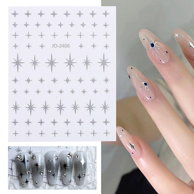 Liquid Metal Silver Series Nail Art Sticker Pentagram Moon Quadrangram Sticker Nail Art Comes With Background Nail Sticker