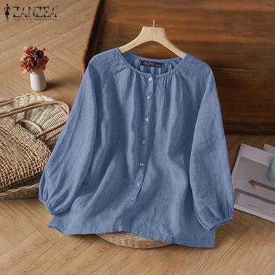 Women Casual Round Neck Solid Color Loose Long Sleeve Blouse