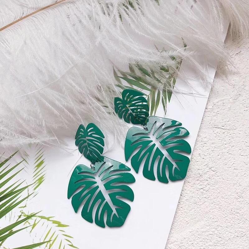 New Exaggerated Bohemia Colorful Metal Hollow Double Leaves Coconut Palm Leaf Big Beach Earrings For Women Girl Large Earrings