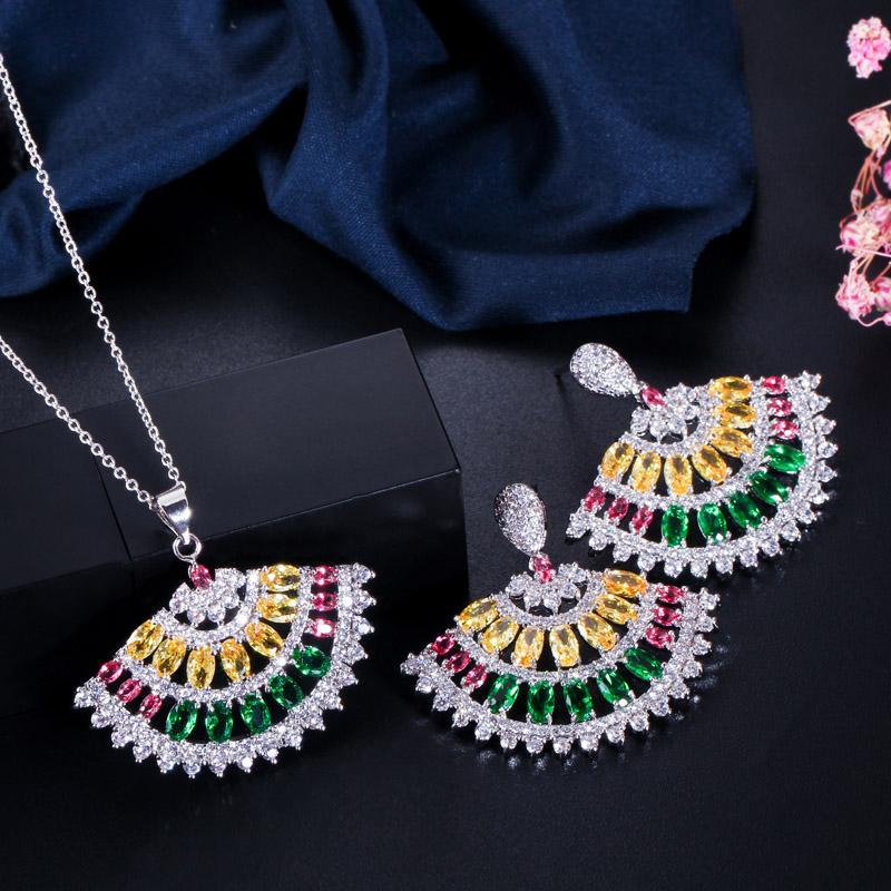WWJ Multicolor Zirconia Fan Shape Necklace Earrings Jewelry Sets