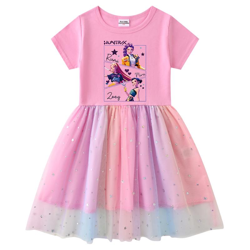 Korean-Style Kpop Demon Slayer Mesh Princess Dress for Kids - Short Sleeve for Summer, Long Sleeve for Spring/Autumn