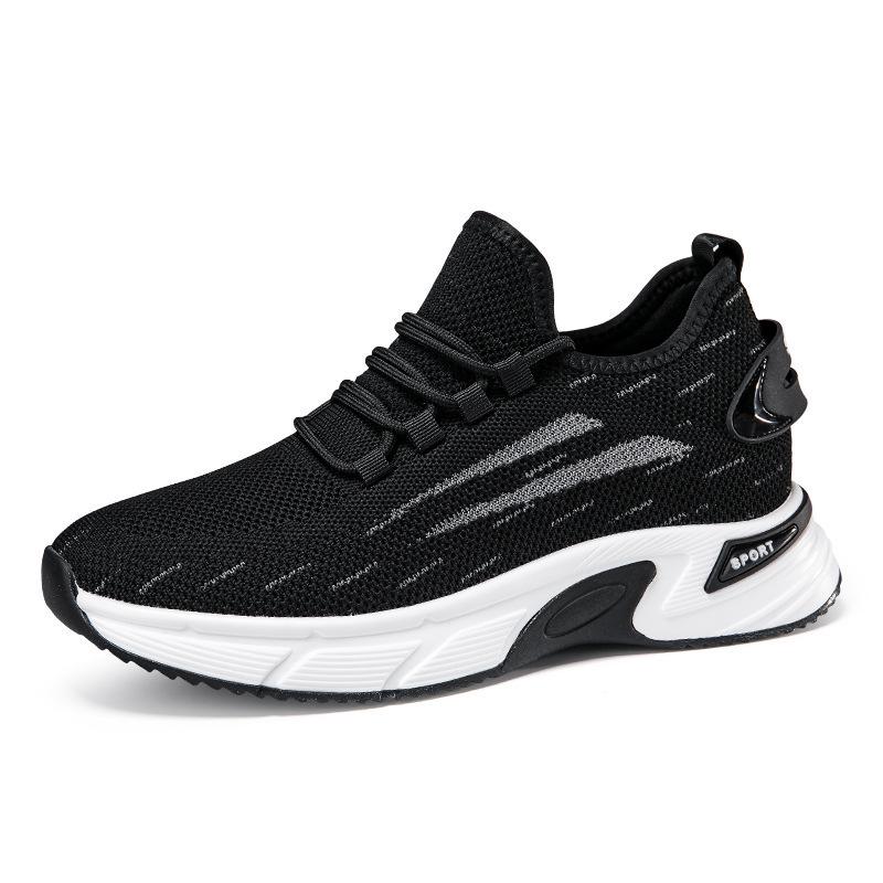 Men's 8CM Hidden Height Flyknit Running Shoes with Thick Platform Sole, Mesh Upper, White.