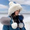 Hunting-Style Women's Faux Fox Fur Pom-Pom Earflap Hat Wool Knit Business Travel Ski Beanie 100% Polyester