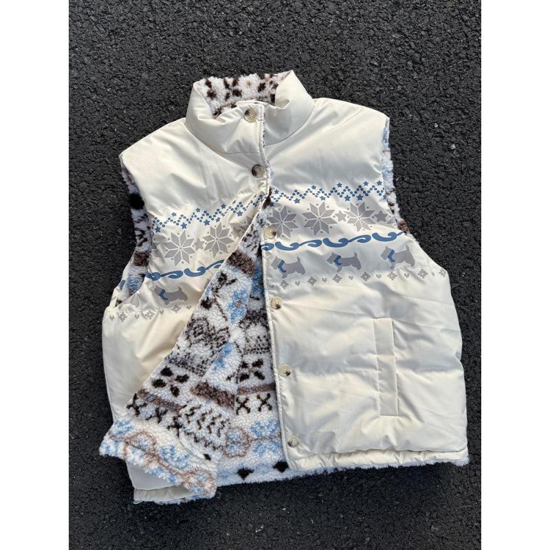 Retro Fair Island jacquard double-sided wear down cotton vest men's and women's new stand-up collar loose outer wear vest tide