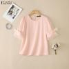 Women Casual Round Neck Solid Color Loose Half Sleeve Blouse