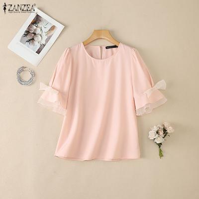 Damen Lässige Rundhals Einfarbig Locker Halbarm Bluse
