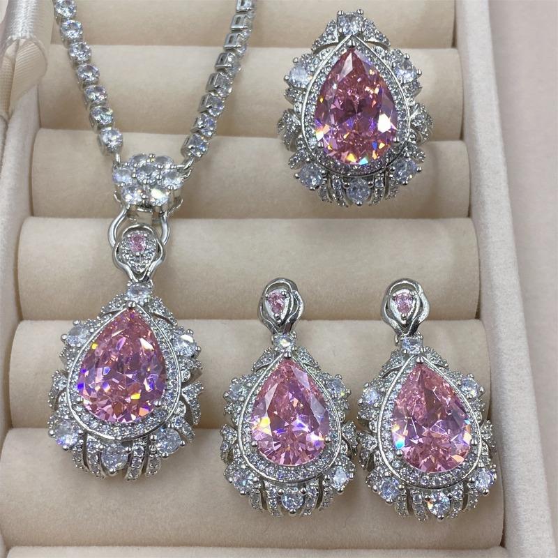 Sace Gems עגילי טבעת זירקון מסגסוגת נחושת קלאסית סט תכשיטי שרשרת תליון מתנות למסיבת חתונה