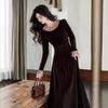 Elegant French Hepburn-Style Black Velvet Dress for Women - Autumn/Winter New Year Party Long Skirt