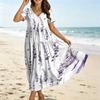 Women's Casual Loose Fit Bohemian Style Gradient Print Short Sleeve V Neck Maxi Dress with Flowing Skirt and Relaxed Silhouette