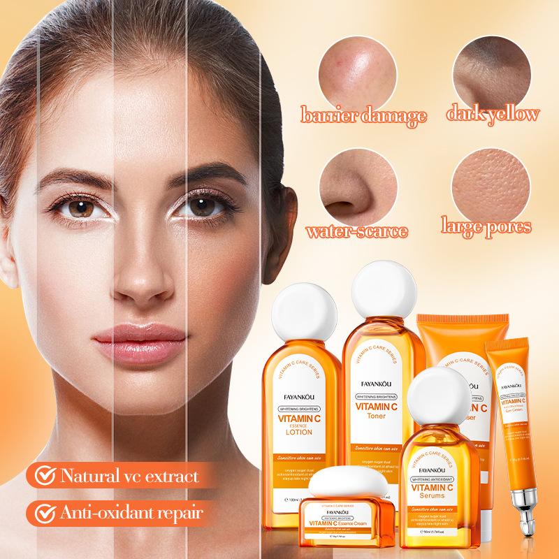 Luxusná šesťdielna súprava s vitamínom C na bielenie a rozjasnenie pleti, Hydratačný, regeneračný a protivráskový set produktov starostlivosti o pleť