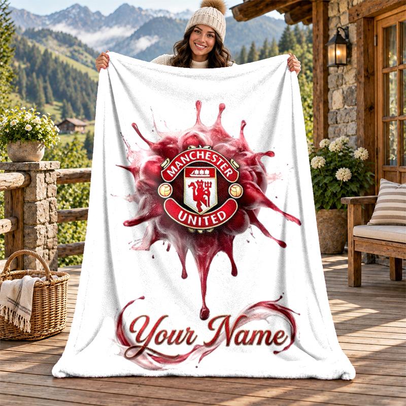 FC Manchester Custom Name Flannel Blanket Personalized Soft Warm Plush Throw Blanket Customized Gift for Family Friends