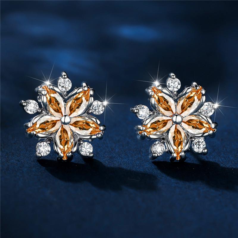 Luxury Female Red Stone Flower Stud Earrings Silver Color Zircon Wedding Jewelry For Women