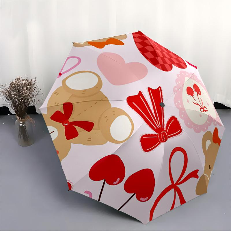 1PC Valentine's Day, Cute Automatic Windproof Umbrella 8 Rib Portable Folding Black Iron Frame for Outdoor, Beach, Travel, Beach Umbrella S08