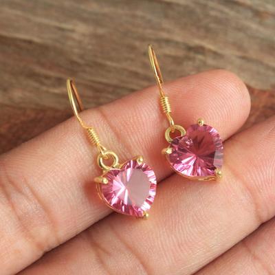 Pink Topaz Heart Earring Yellow Gold Plating 925 Sterling Silver Women Jewelry