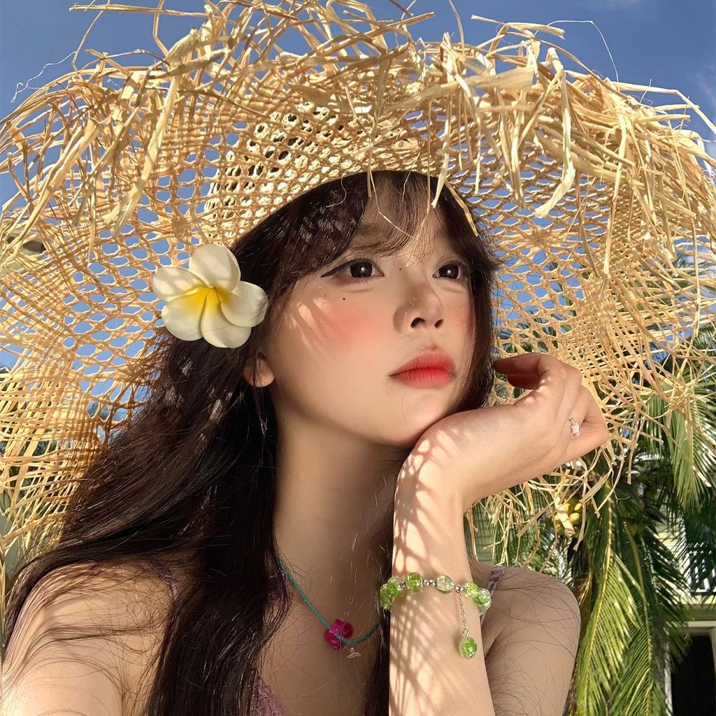 Summer Ins Hollow Big Brim Rough Rafi Straw Hat Women's Beach Hat Travel Seaside Vacation Sun Hat