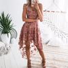 Women Elegant Floral Embroidery Lace Dress Backless Sleeveless Irregular Hem Sling Party Dress