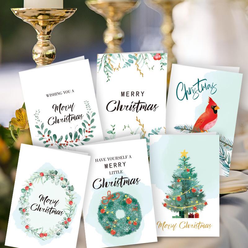 6pcs Merry Christmas Greeting Cards with Envelopes Stickers Folding Type Cartoon Print Gift Cards Christmas Decoration Supplies