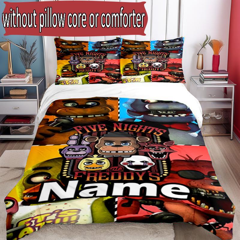 3pcs Duvet Cover Set (1*Duvet Cover + 2*Pillowcase, Without Core), Custom Name Five Nights At Freddy's Pattern Bedding Set, Home Bedroom Decor Gift