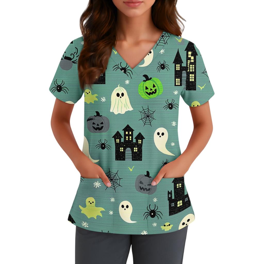 Haut d'uniforme médical à manches courtes et col en V pour femme avec poches Chapeau de sorcière d'Halloween et imprimé Uniforme de travail pour infirmière aide-soignante