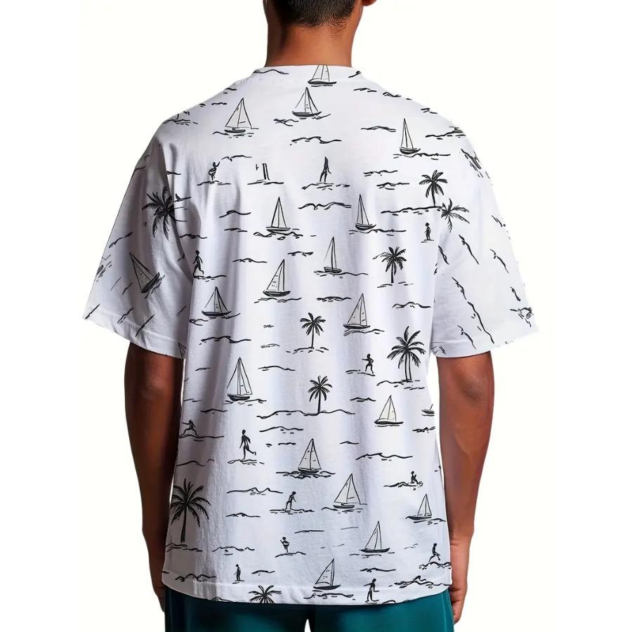 Men Tropical Palm Tree Graphic T-Shirt - Breathable Mesh Fabric, Casual Short Sleeve Crewneck, Summer Style with Sailboat & Coconut Design