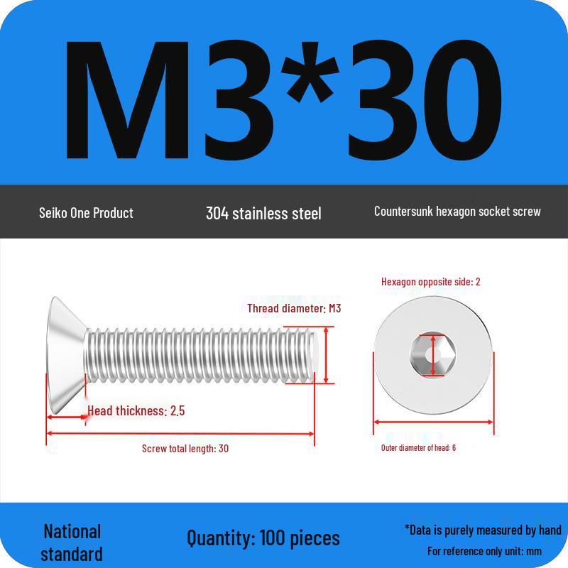 M2-M10 Stainless Steel Flat Head Machine Screws and Bolts Set, Countersunk Hex Socket Cap, 304 Grade.