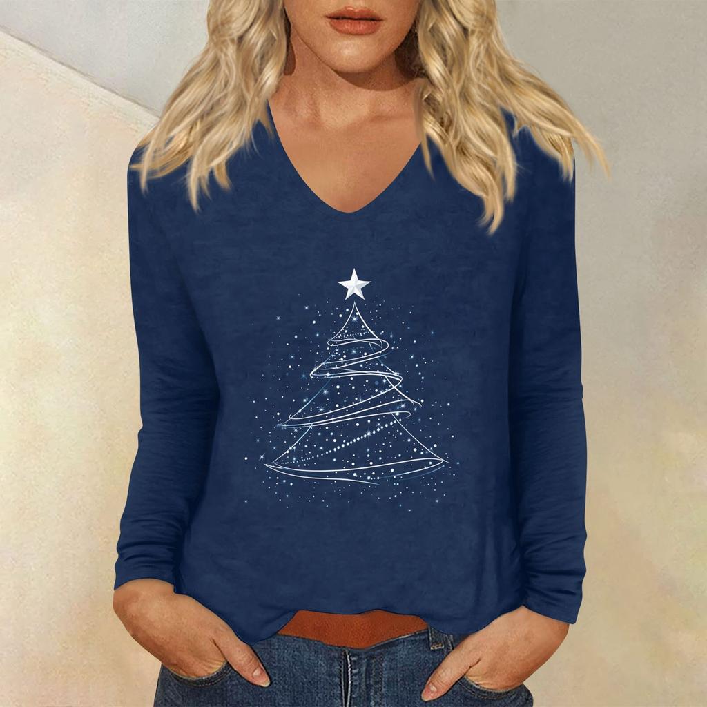 Women's Casual Fashion Christmas Graphic Printed Casual Print Long Sleeve V-Neck Pullover Top Blouse