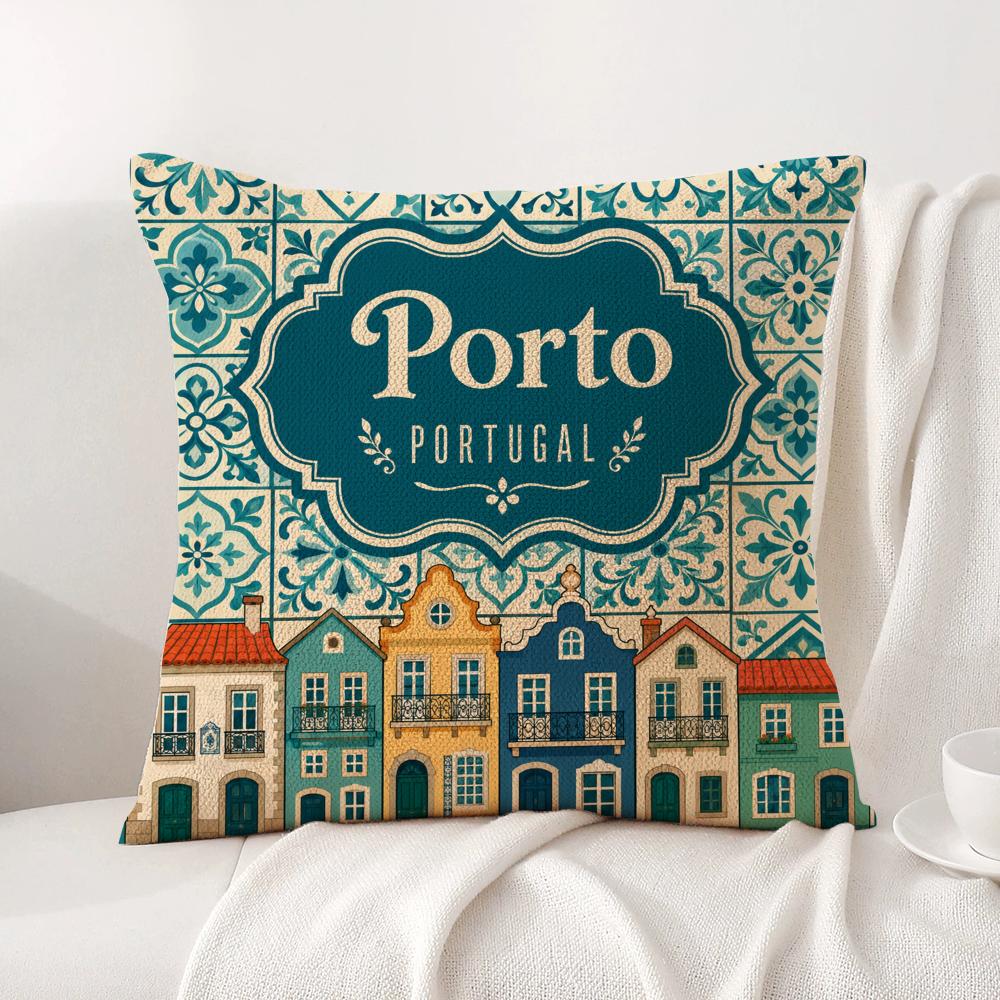 Lisbon Tiles Cushion Cover Linen Organic Fabric DoubleSided Printing Sofa Breathable Home Decor Gift Pillow Case