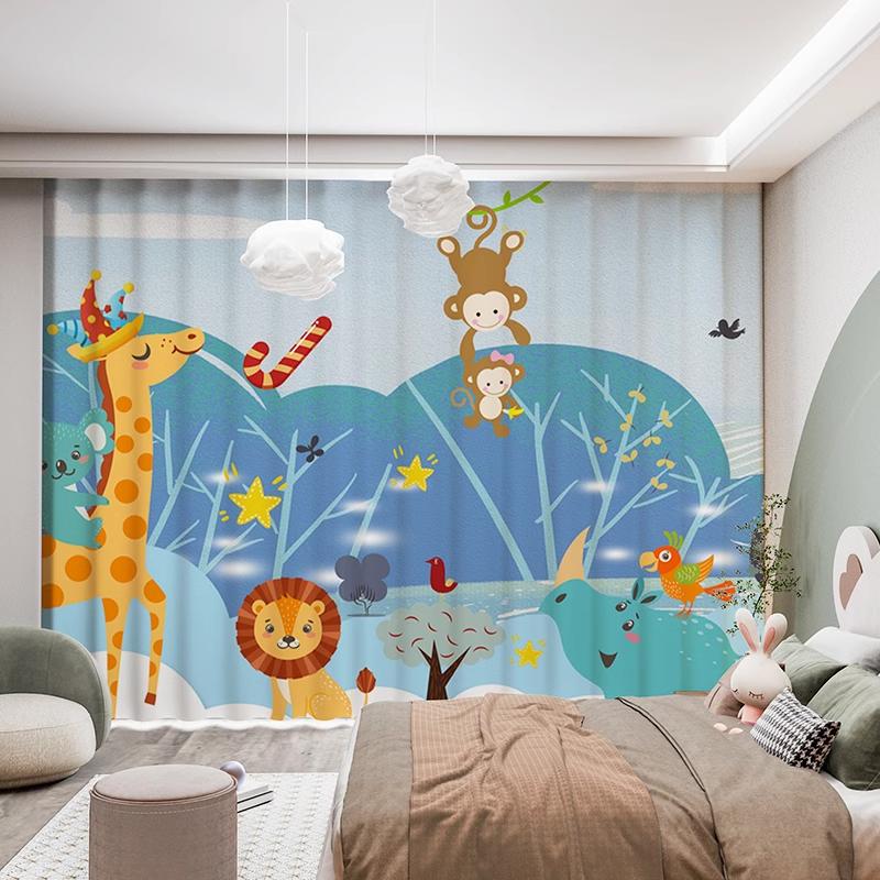 2Pcs Modern Simple Cartoon Cute Animals Bear Rabbit Star Ocean Star Boy Children's Room Decor Semi Blackout Curtain Grommet Top