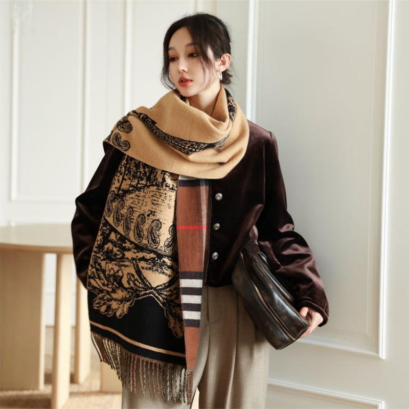 Fashion plaid core-spun yarn women's scarf autumn and winter new tower long jacquard shawl warm and thickened versatile scarf