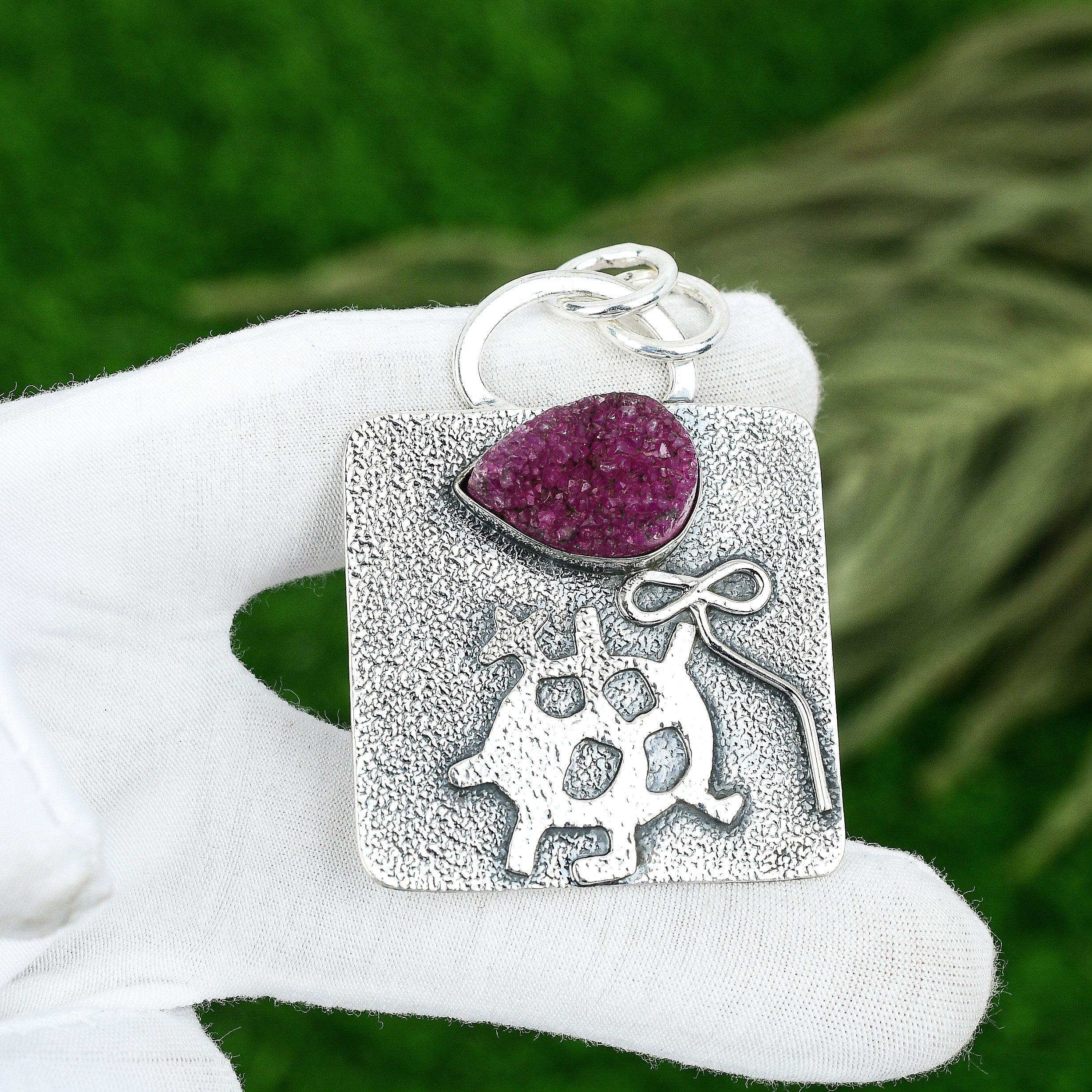 925 Sterling Silver Pink Titanium Druzy Gemstone Unique Wife New Pendant Jewelry