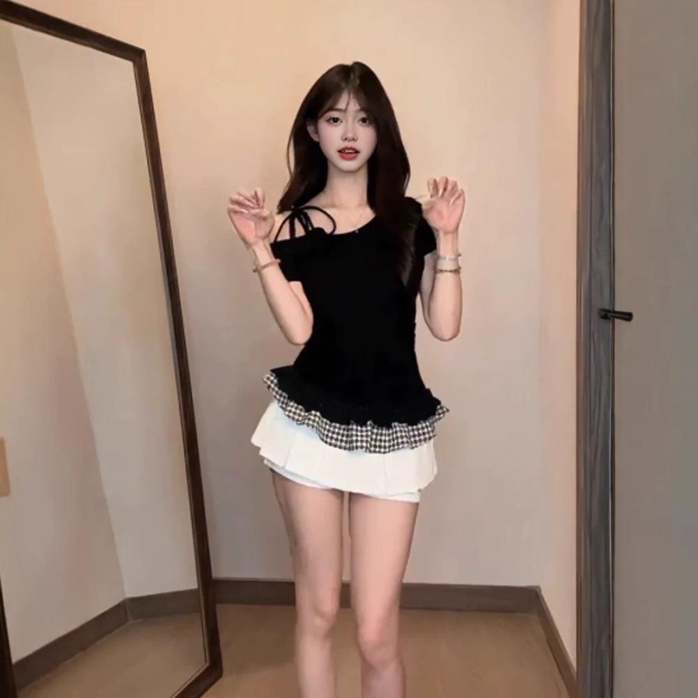 Koreanischer Stil One-Shoulder Spicy Girl Karomuster Spitzen-Patchwork Camisole Top - Damen Sommer Slim Fit Kurzarm-T-Shirt