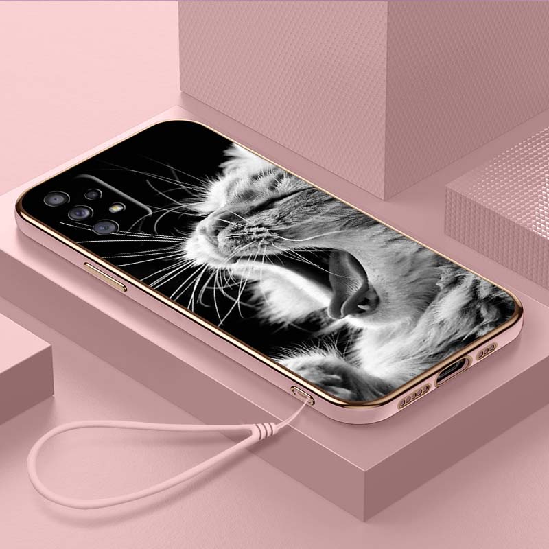 Luxury Plated TPU Phone Case With Lanyard for Samsung Galaxy A04 A05s A13 A14 A24 A54 A34 Note20 S23 Ultra Cases A41 Cool Cat Black Design Art Cover