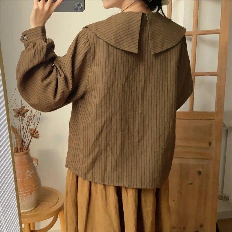 Johnature Jackets Spring Vintage Casual Turn-down Collar Striped All Match Pockets Loose Female Coats