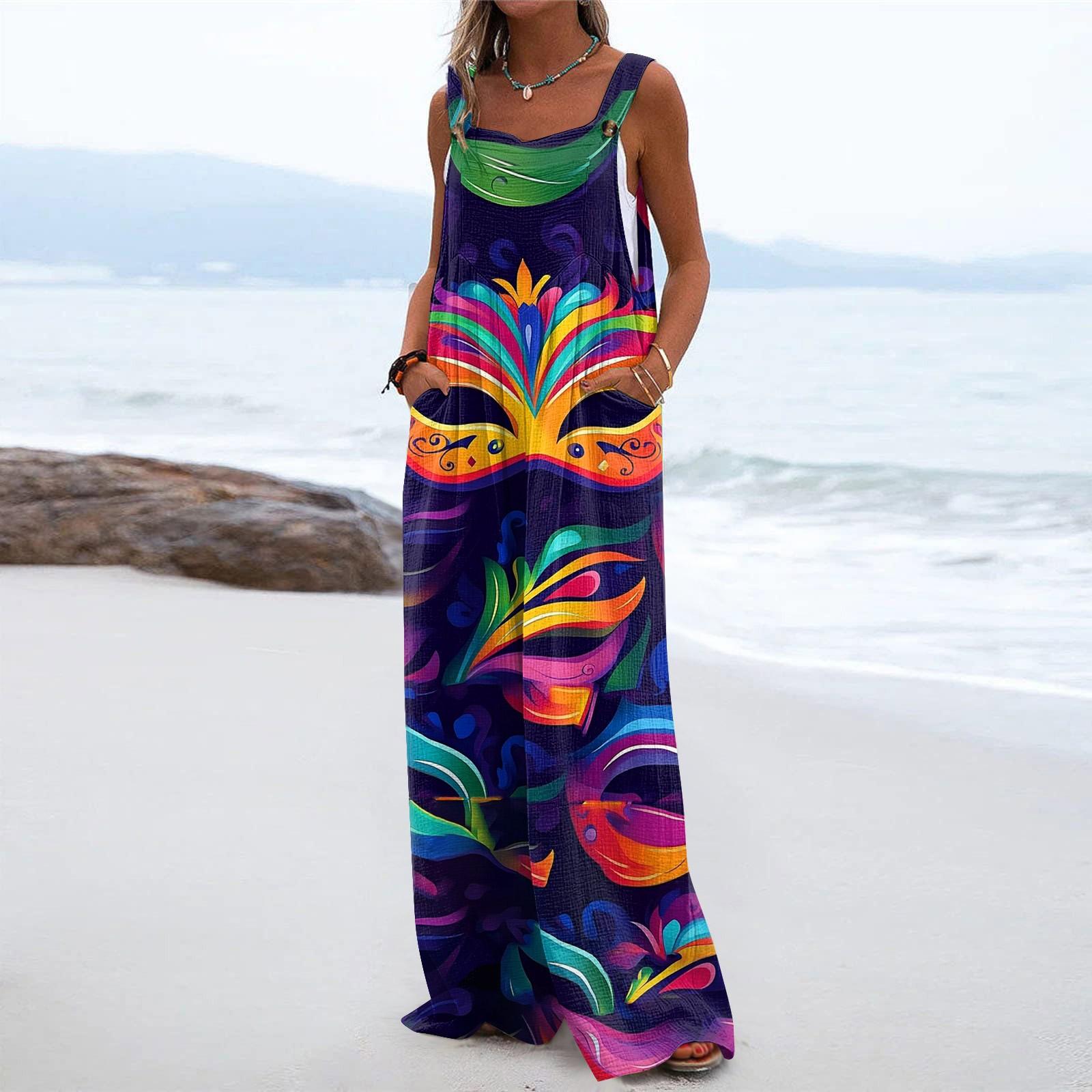 

Широкий комбинезон для женщин, повседневный свободный комбинезон без рукавов с принтом и пуговицами, длинные брюки, комбинезон с карманами M оранжевый